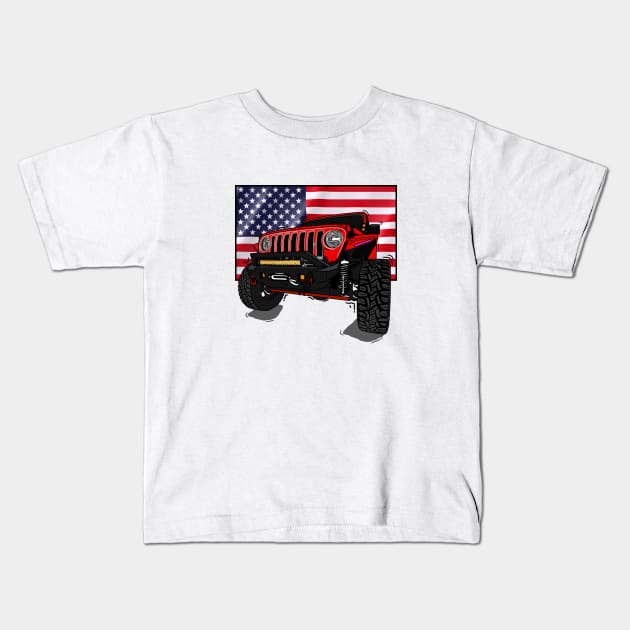 Jeep with American Flag - Red Essential Kids T-Shirt by 4x4 Sketch